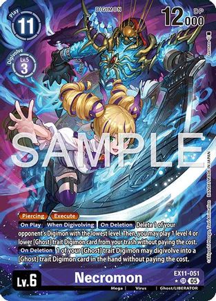 Digimon trading card featuring Necromon, a powerful ghost-type digital monster with vibrant artwork.