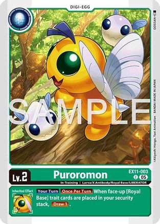 Digimon trading card featuring Puroromon, a yellow insect with blue eyes and white wings in a forest.