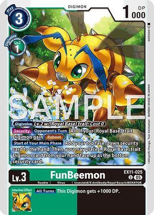 FunBeemon Digimon trading card with yellow insect character in forest background.