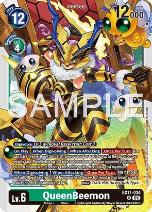 Digimon card featuring QueenBeemon, a yellow and black armored insect-like creature, Level 6.
