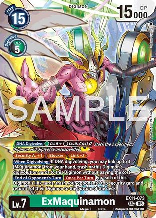 Digimon trading card featuring ExMaquianamon, Level 7, with detailed stats and artwork.