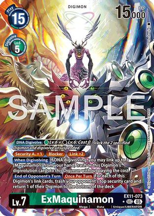 Digimon trading card featuring ExMaquinamon, a robotic mega-level Digimon with vivid tech colors.