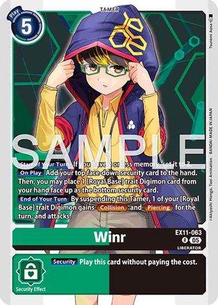 Digimon card featuring anime character with glasses and hood, labeled Winr, card game collectible.
