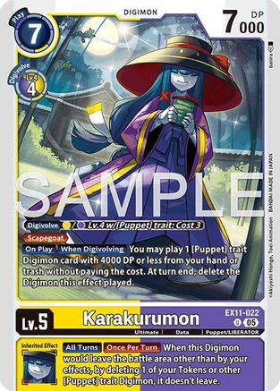 Digimon Karakurimon trading card with character illustration, stats, and ability text