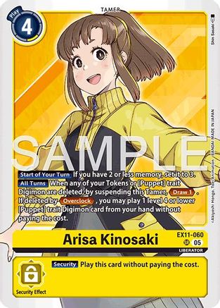 Digimon card featuring Arisa Kinosaki Tamer with yellow border and game instructions