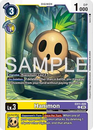 Hanimon Digimon card with plant creature, level 3, attack and effect details visible
