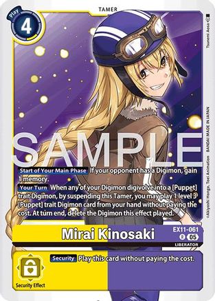 Digimon trading card featuring Mirai Kinosaki character, EX11-061, yellow border, sample text.