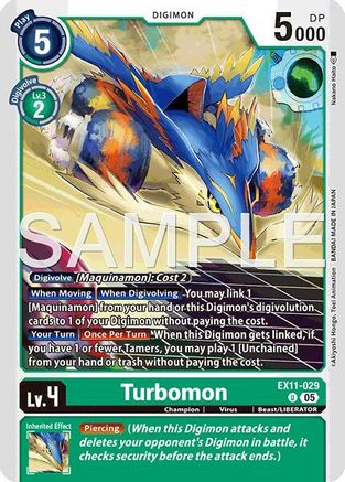 Digimon Trading Card Turbomon EX11-029 with digital monster artwork and game stats