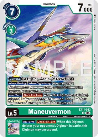 Digimon card Maneuvermon Level 5 with dragon-like artwork, stats, and effects visible