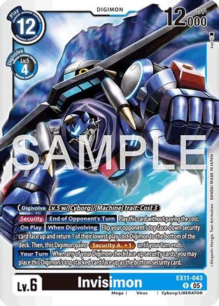 Digimon trading card featuring Invisiomon, a robotic monster with blue armor and claws