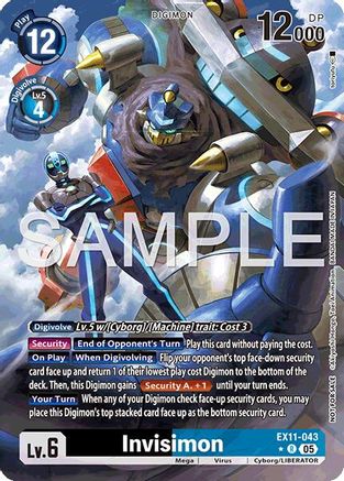 Digimon trading card featuring Invisimon, a blue cyborg character, with energy effects and game stats.