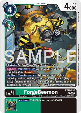 ForgeBeemon Digimon trading card with robotic insect character, DP 4000, level 4, EX1-030.