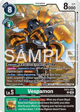 Vespamon Digimon trading card with yellow armored insect warrior illustration, EX1-031, Level 5
