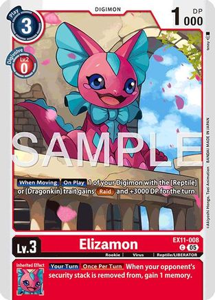 Elizamon Digimon trading card featuring a pink, dragon-like character with blue bow, card game details visible.
