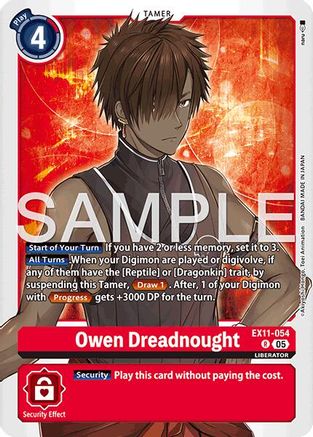 Digimon trading card featuring Owen Dreadnought with tamer abilities and security effect.