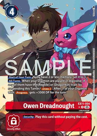 Digimon trading card featuring Owen Dreadnought with a pink and blue creature, Tamer card type.