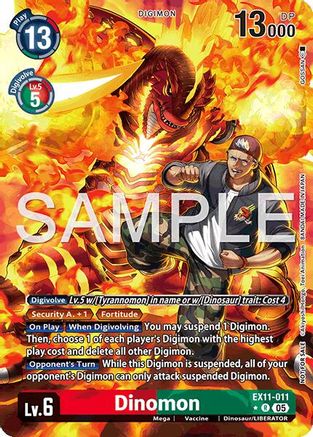 Dinomon Digimon trading card featuring powerful dinosaur monster and human tamer, card game art.