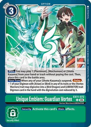 Digimon card featuring Shoto Kazama with dragons, Unique Emblem: Guardian Vortex, EX11-072.