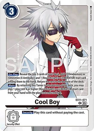 Digimon card featuring Cool Boy character with white hair and black mask, card text visible
