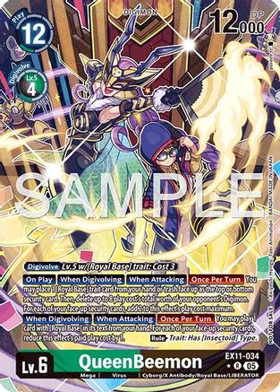 Digimon TCG QueenBeemon card, Level 6 Mega with insectoid design, colorful battle artwork