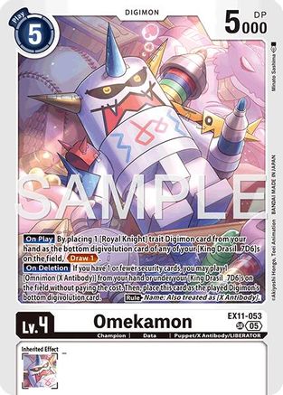 Digimon card featuring Omekamon with colorful mechanical design, level 4 Champion EX1-053.