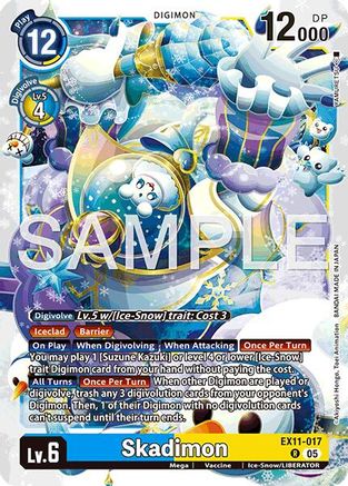 Digimon trading card featuring Skadimon with ice and snow-themed background, level 6, 12000 DP.