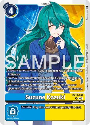 Digimon trading card featuring Suzune Kazuki with turquoise hair and blue outfit, EX11-057
