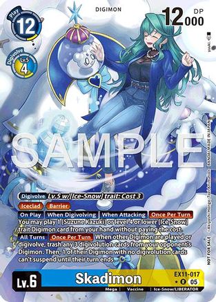 Digimon trading card featuring Skadimon, blue ice-themed character, game stats visible