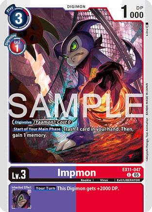 Impmon Digimon trading card with digital monster artwork and game stats, collectible card game.