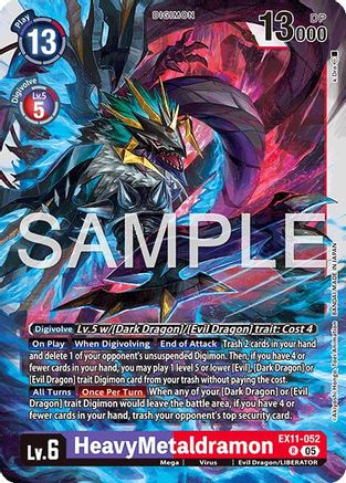 Digimon card featuring HeavyMetaldramon, a colorful robotic dragon character with sharp metallic wings.