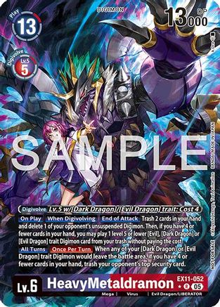 Digimon card featuring HeavyMetaldramon with vibrant artwork and game details visible.