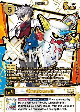 Digimon Omekamon trading card featuring character artwork, card stats, and abilities.