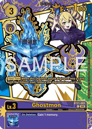 Digimon trading card featuring Ghostmon, a blue ghost-like creature, with anime-style artwork and game stats.