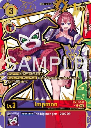 Impmon Digimon card featuring colorful character art and detailed game stats, trading card design.