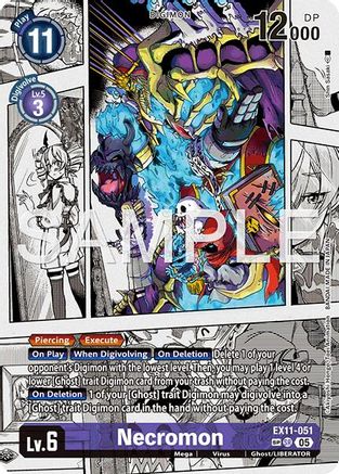 Necromon Digimon card featuring a dynamic monster illustration and colorful comic-style background.