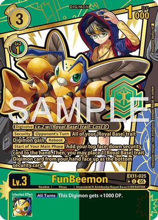 FunBeemon Digimon trading card with yellow and green design, character art, and game stats.