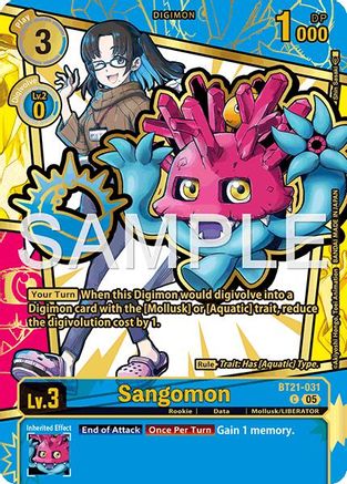 Digimon trading card featuring Sangomon, a pink aquatic creature, and a blue-haired character