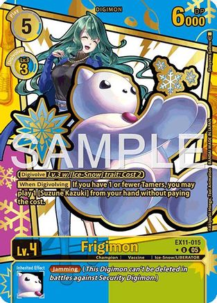 Digimon card featuring Frigimon with ice and snow theme, yellow border, 6000 DP, and a tamer.