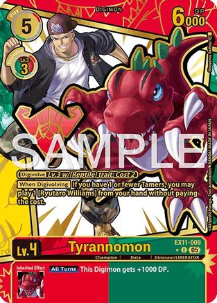Digimon card featuring Tyrannomon, a red dinosaur with game stats and effects visible.