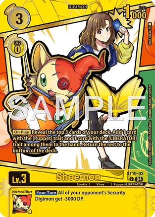Digimon trading card featuring Shoemon character with illustrated girl and yellow border.