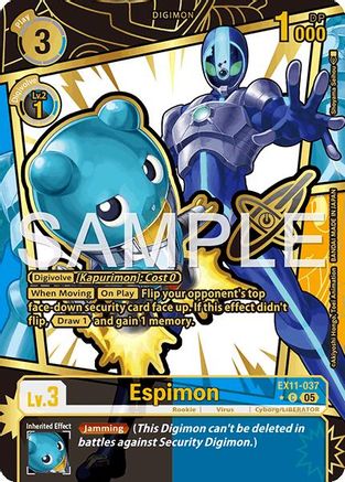 Espimon Digimon trading card with blue cyber creature, game stats, and special abilities display