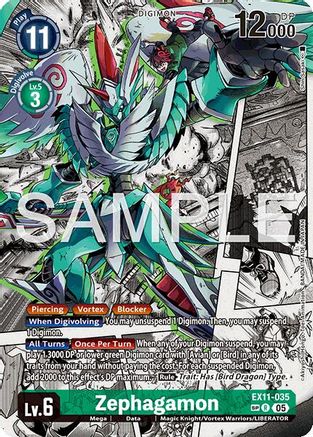 Digimon trading card featuring Zephagamon with vibrant fantasy artwork and game stats