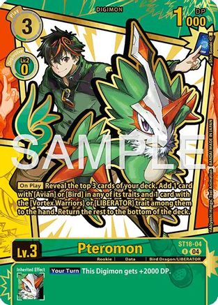 Digimon card featuring Pteromon with a vibrant character and green bird artwork