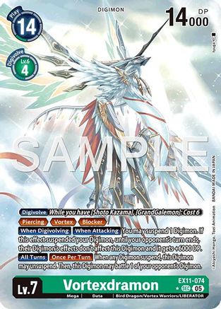 Vortexdram Digimon card with a metallic armored dragon, stats and effects displayed
