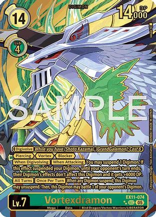 Vortexdramon Digimon trading card with dragon artwork and game stats, collectible card game