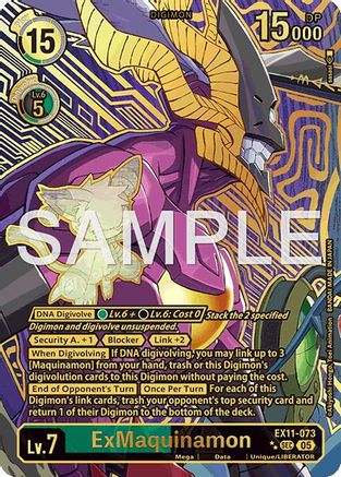 Digimon trading card featuring ExMaquinamon with detailed character art and game stats shown.