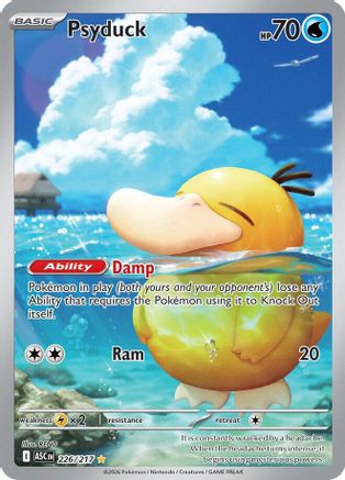 Psyduck Pokémon trading card featuring Psyduck floating in water, illustrated with ocean background.