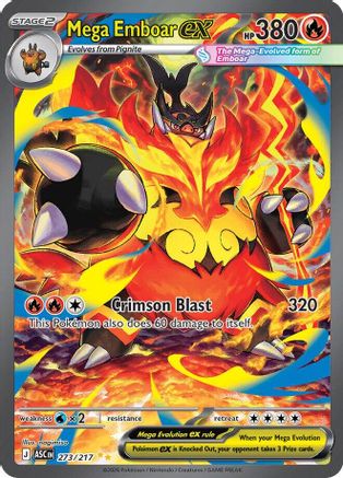 Mega Emboar EX Pokémon card featuring fiery artwork, high HP, and Crimson Blast attack.