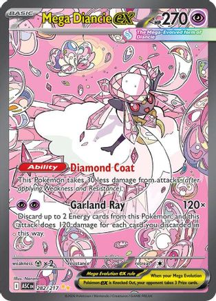 Mega Diancie EX Pokémon trading card with pink fantasy artwork and game stats