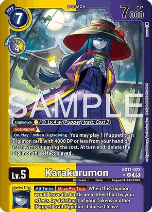 Digimon trading card featuring Karakurimon, a puppet-themed character in purple hat and cloak